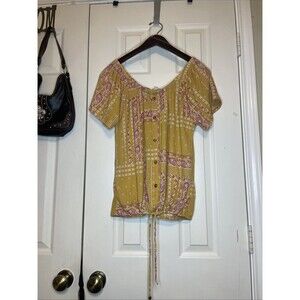 Como Blu Mustard Boho Peasant Blouse L Paisley Print Button Front Drawstring
